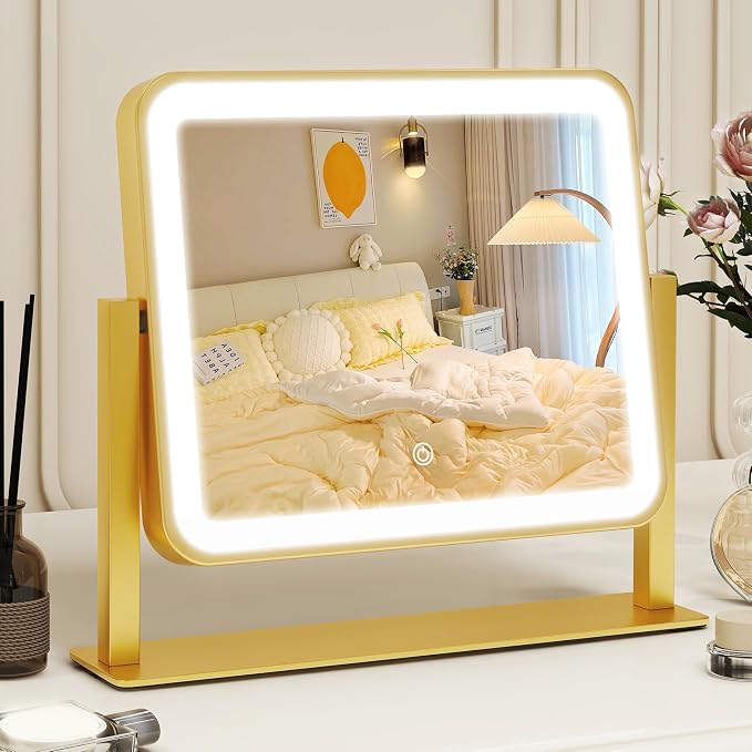 ROLOVE Espejo de tocador dorado con luces, espejo de maquillaje LED de 14 x 12 pulgadas