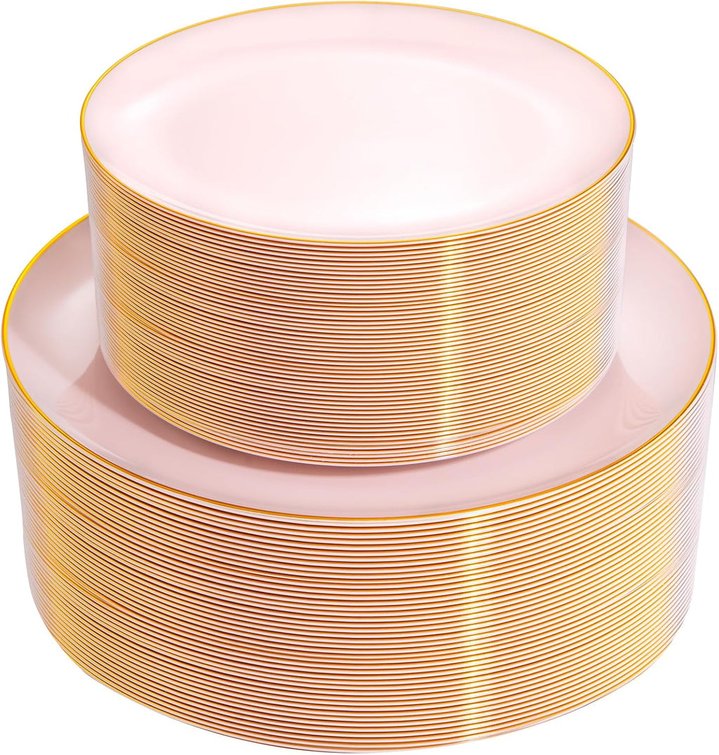 100 Platos Desechables Rosa y Dorado PULOTE – 50 Platos Principales y 50 de Postre para Fiestas y Bodas