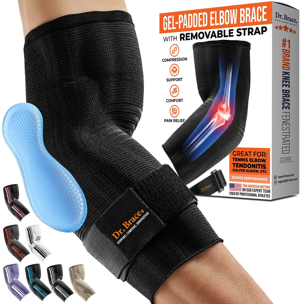 DR. BRACE® Elite Soporte para codo, manga de compresión transpirable con almohadilla de gel para el tratamiento y alivio del dolor en caso de epicondilitis (codo de golfista, codo de tenista y tendinitis) 2024 (Negro, Extragrande)