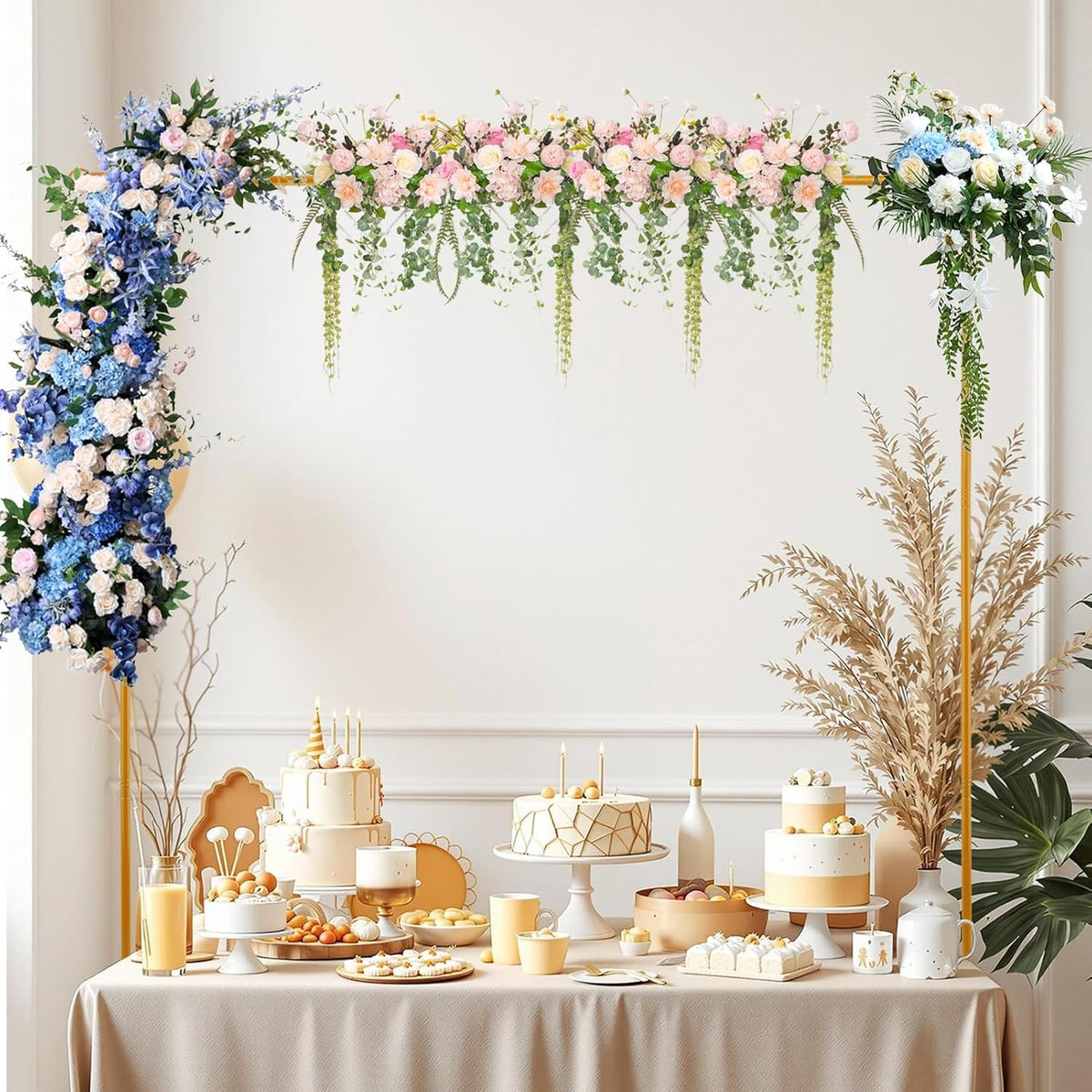 Soporte de Mesa Qirvaten para Arco de Globos Dorado – Altura 30"-47", Longitud 34"-98", Para Bodas y Fiestas