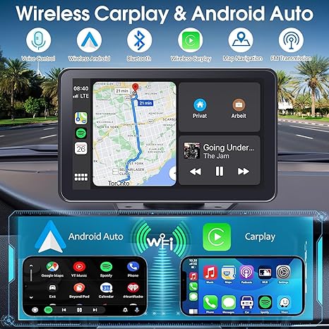 Pantalla CarPlay 2026 Mejorada 7" HD Portátil | Android Auto | Bluetooth | Cámara de Reversa HD | GPS | Siri | Radio FM | Compatible con Todos los Vehículos