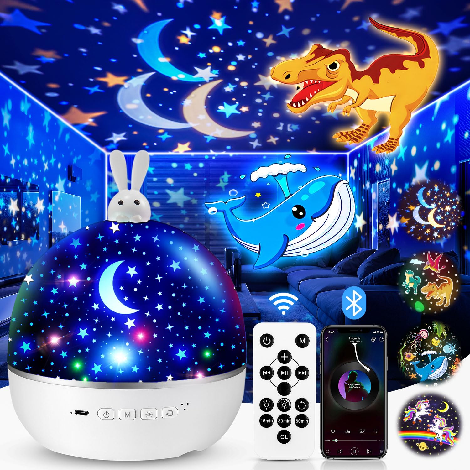 Proyector de luz nocturna de dinosaurio One Fire, con 15 películas y música Bluetooth y luz nocturna de dinosaurio controlada a distancia, proyector de estrellas recargable para niños, decoración de dinosaurios, regalos de dinosaurios para niños. 