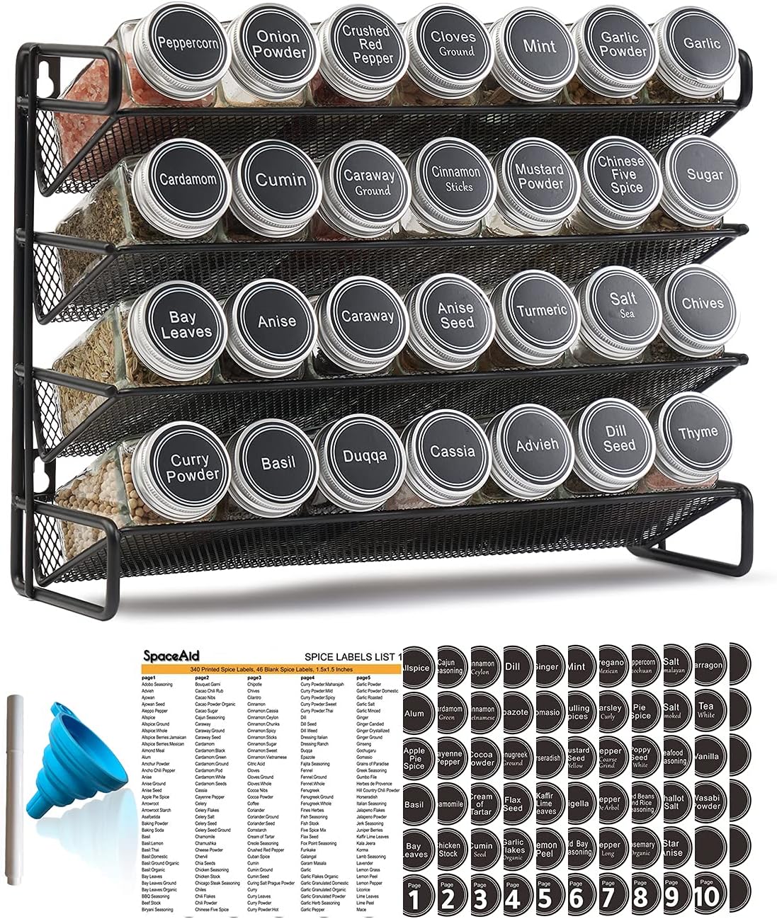 Organizador de Especias SpaceAid con 28 Frascos y 386 Etiquetas – Color Negro, 13.4"x10.8", para Gabinete, Pared, Puerta y Mostrador