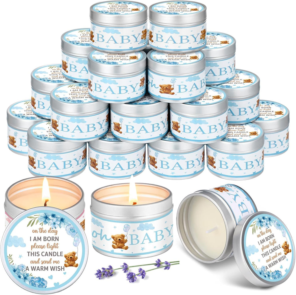 MTLEE 24 Pcs Bear Baby Shower Party Favors Candles Lavender Scented Baby Shower Favors for Guests Rustic Tealights Candles Gender Reveal Return Gifts (1.2 oz, Blue)