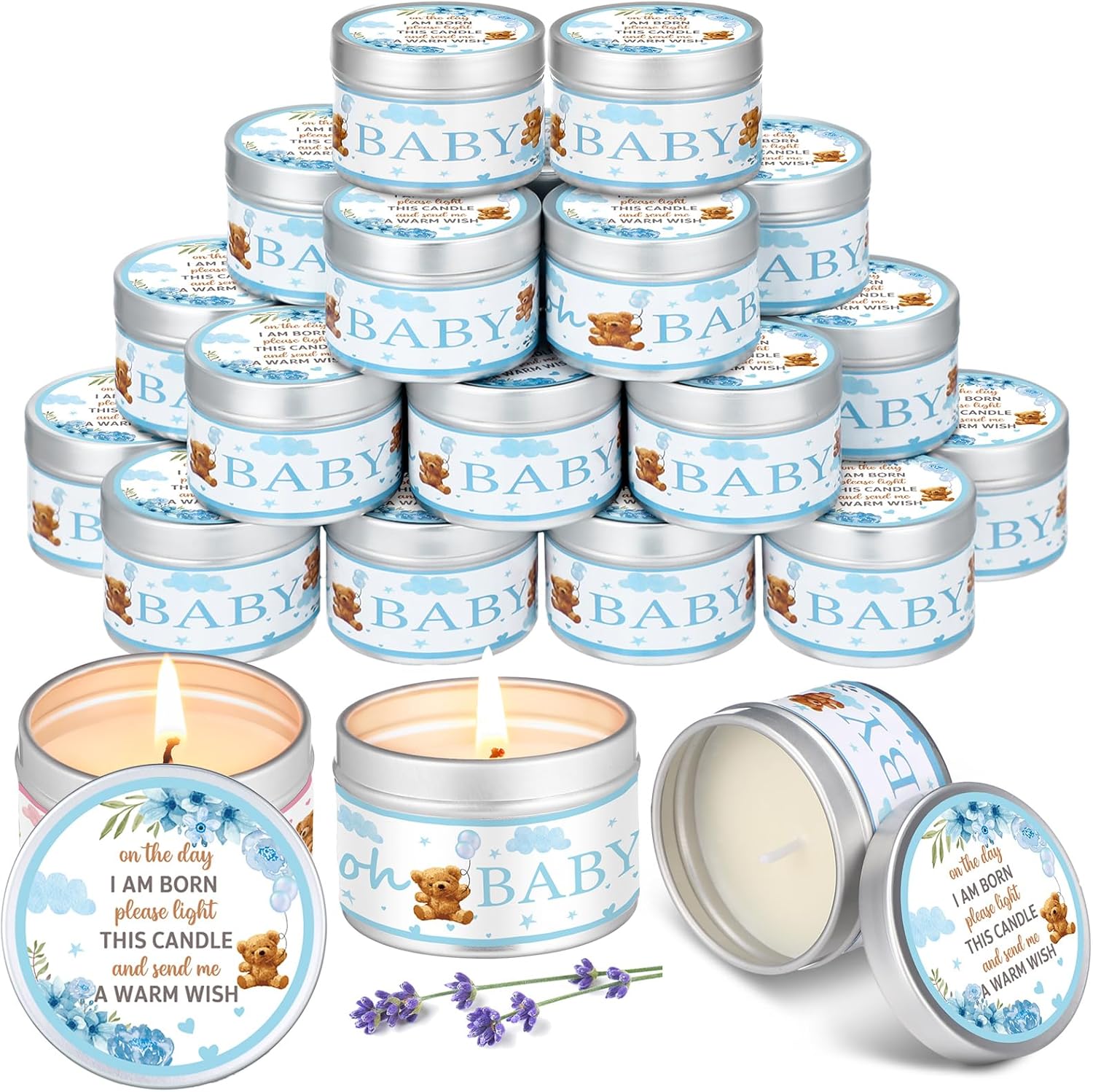 MTLEE 24 Pcs Bear Baby Shower Party Favors Candles Lavender Scented Baby Shower Favors for Guests Rustic Tealights Candles Gender Reveal Return Gifts (1.2 oz, Blue)
