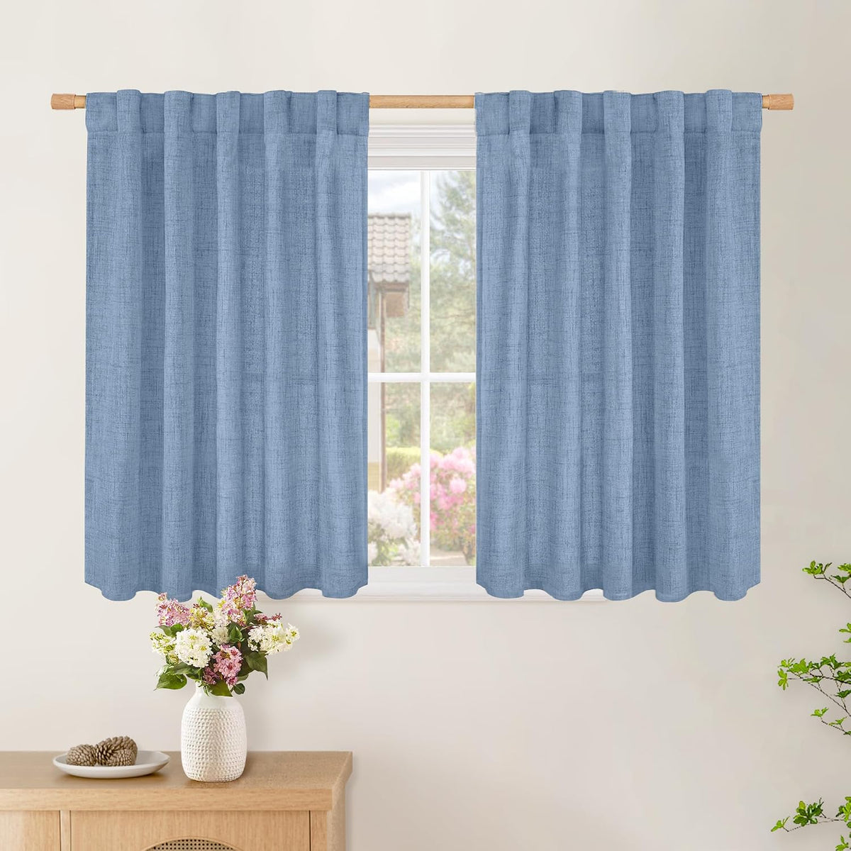 Cortinas de lino azul BGment de 40 pulgadas de largo para ventanas pequeñas, cortinas pequeñas que filtran la luz para cafetería, oficina, baño, dormitorio, estilo rústico, con bolsillo para barra y trabillas traseras, 42 pulgadas de ancho
