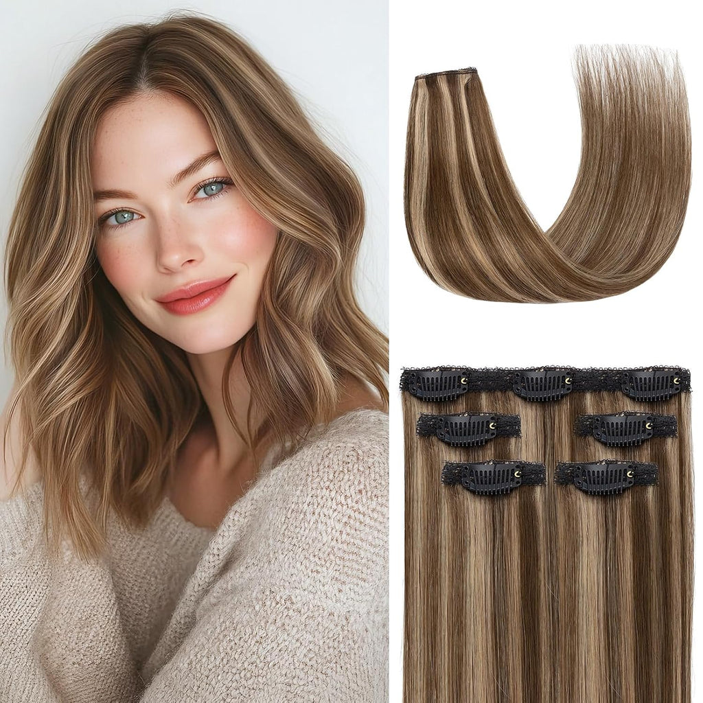 Extensiones de Cabello con Clip Rich Choices 5 Piezas | Cabello Humano Remy 25 cm | Mini Clip Cabello Fino | #4P27 Castaño Medio con Rubio Oscuro | 5 Piezas