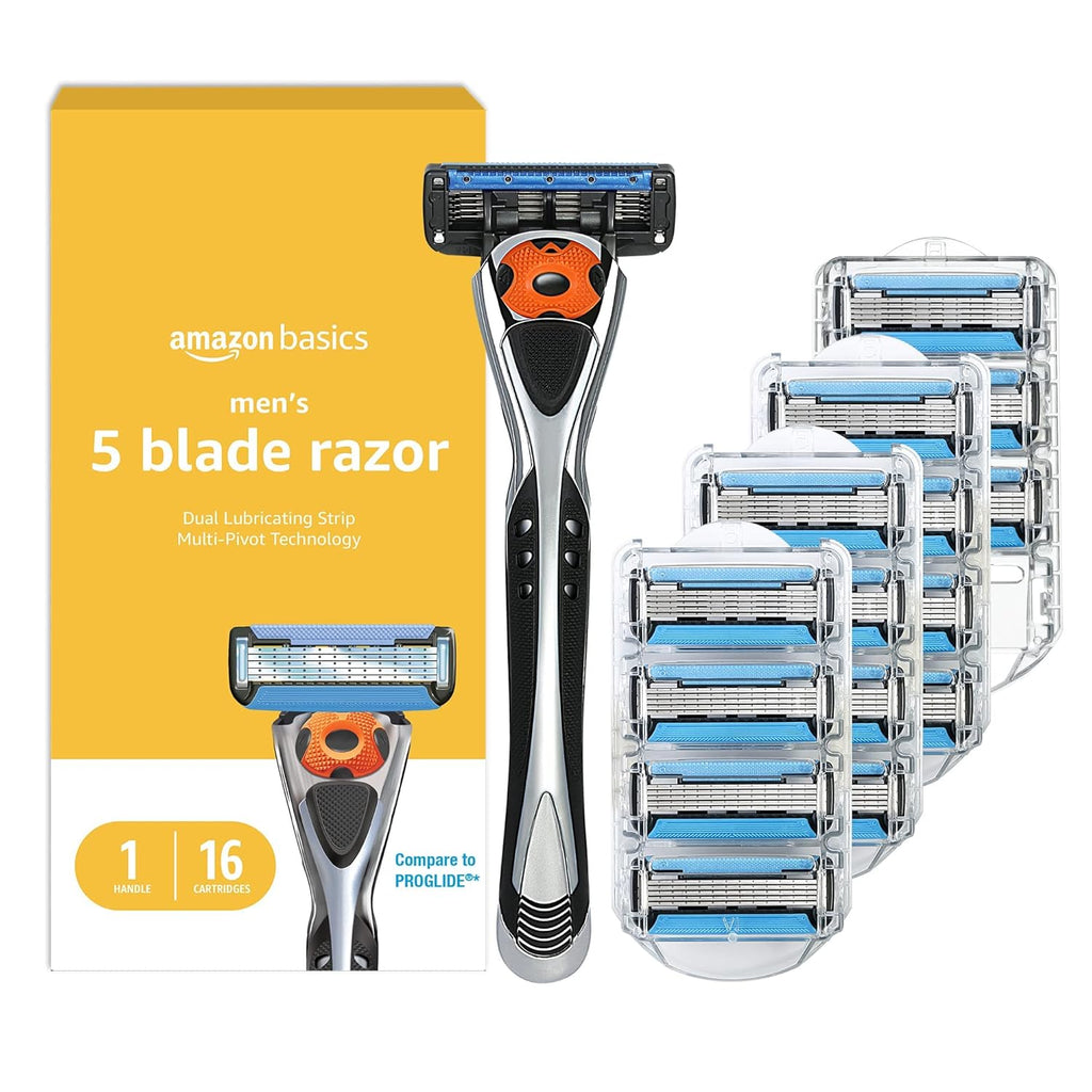 FALTA UN REPUESTO-Rasuradora para Hombre Amazon Basics 5 Hojas MotionSphere | Con Doble Lubricación y Recortador de Precisión | Set de 17 Piezas | 1 Mango y 16 Cartuchos | Negro
