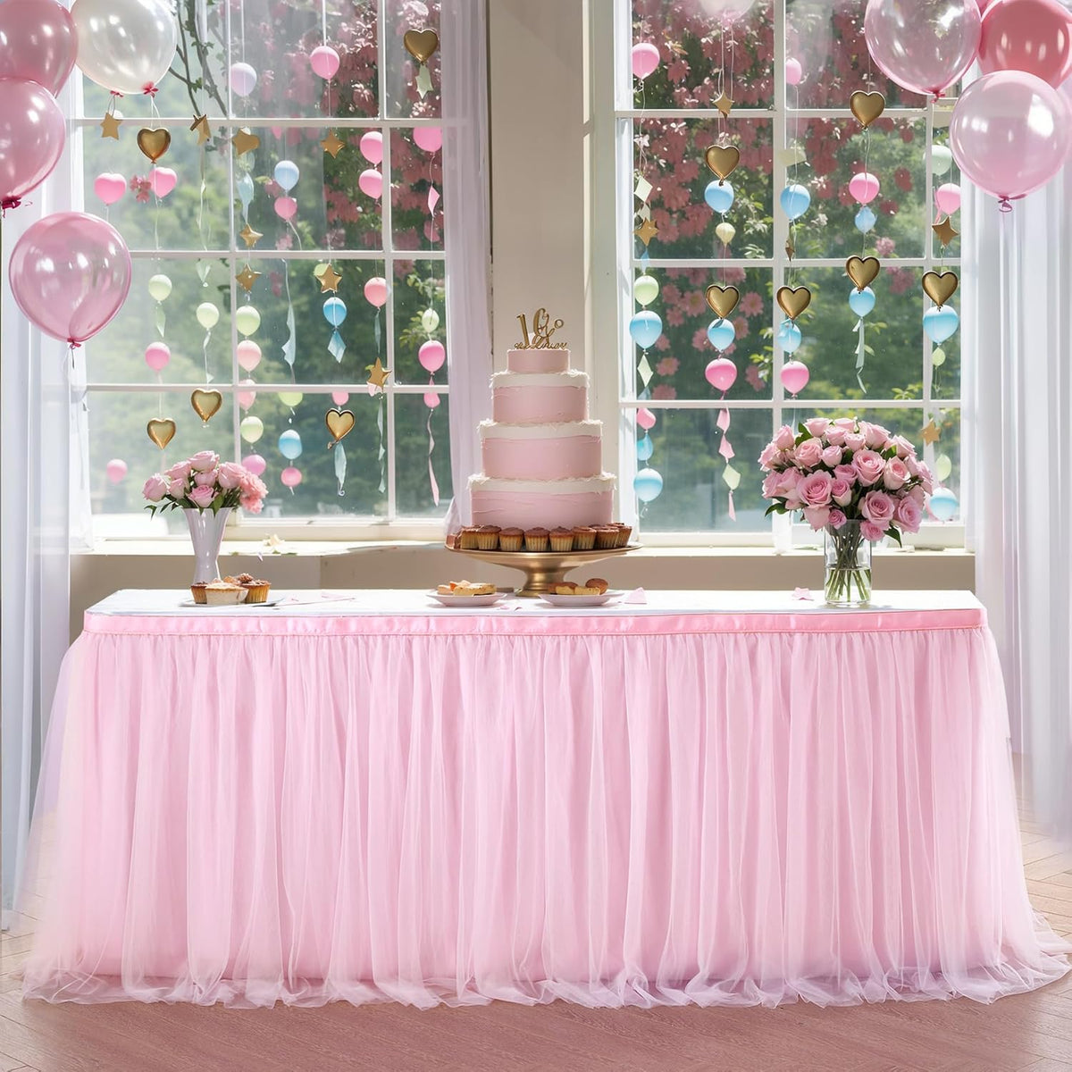 Suppromo Falda de mesa de tul rosa de 1,8 m (6 pies) Mantel para baby shower para mesas rectangulares o redondas Faldas de mesa tutú con volantes rosas Falda de escritorio para fiestas de cumpleaños de princesas Decoración de pasteles y postres