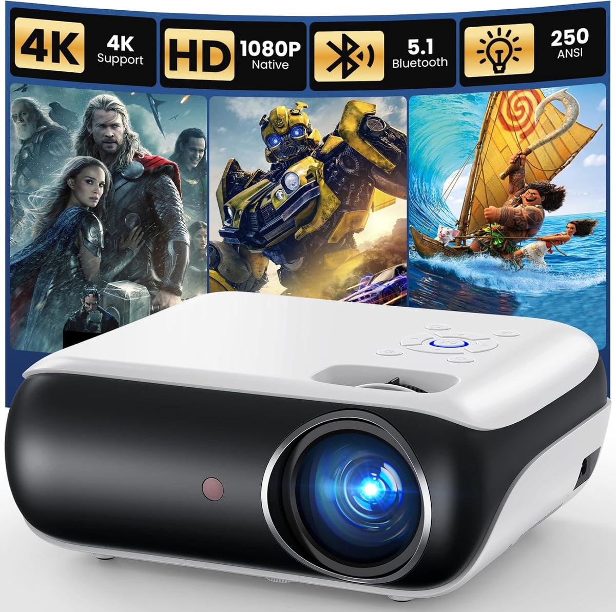 Proyector HAPPRUN Native 1080P, proyector de cine en casa Bluetooth con altavoz integrado, compatible con smartphone, HDMI, Fire Stick, PS5, uso en interiores y exteriores - Sin sistema Google TV