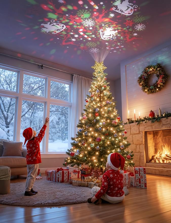 Decoración para árbol de Navidad iluminada con 6 patrones proyectados, copo de nieve mágico giratorio LED, purpurina hueca 3D iluminada plateada para decoración de árbol de Navidad, color dorado