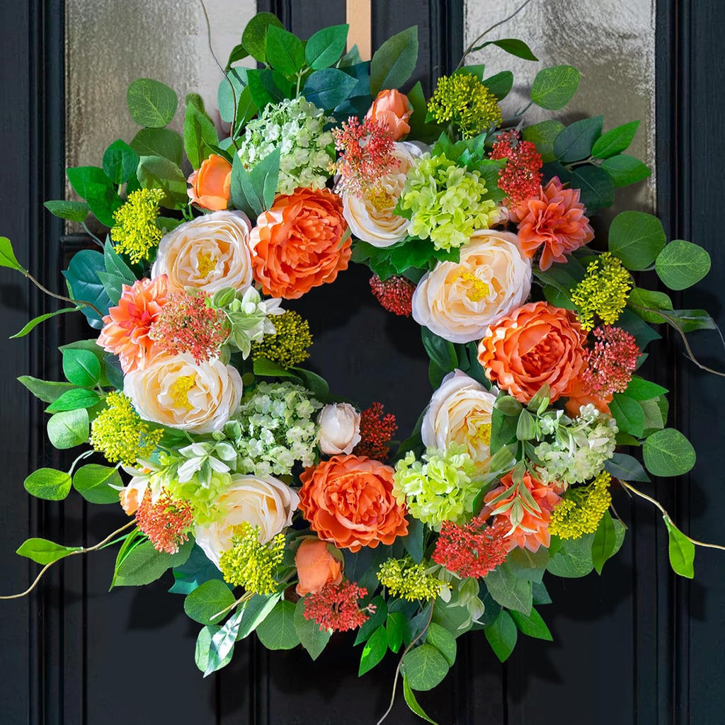Corona Decorativa CHvista 60 cm | Primavera y Verano | Rosas Blancas Dalías Rosas Hortensias Verdes | Puerta Principal Pared Hogar | 1 Unidad