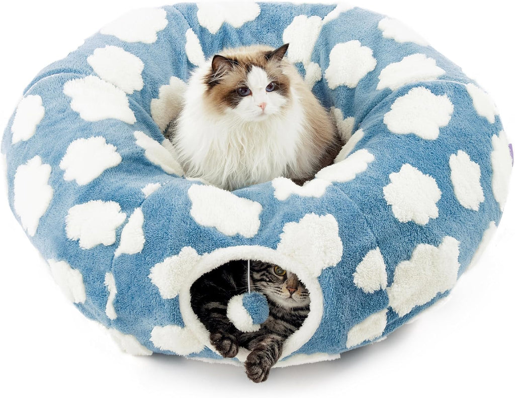 Cama de Túnel para Gatos Lesure - Juguetes de Túnel de Donut para Gatos Pequeños y Grandes con Cojín Circular Lavable, Juguete de Cueva para Mascotas para Gatito/Cachorro/Conejo, Nubes Acogedoras Azul