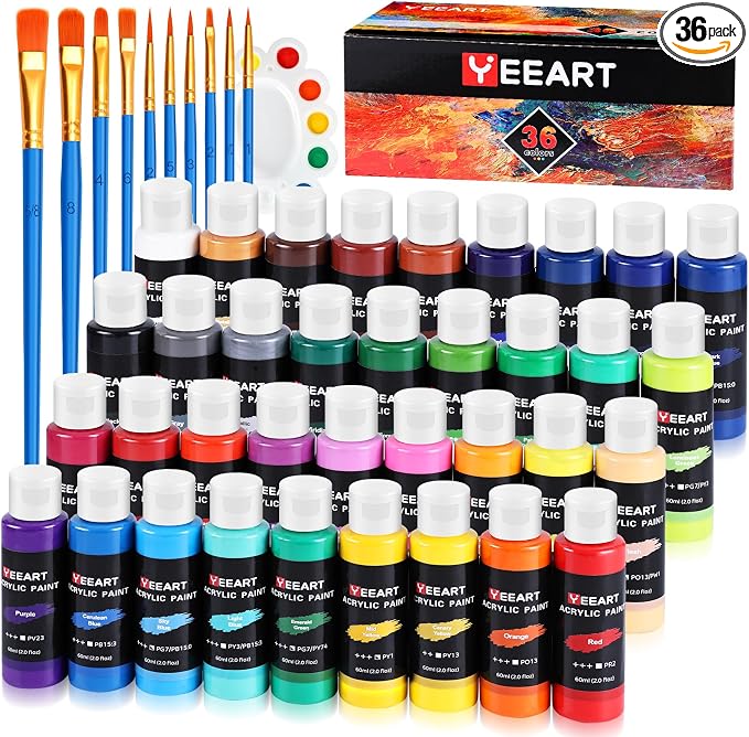Juego de pintura acrílica de 36 colores, botellas de 2 onzas, pintura de lienzo pigmentada rica con color metálico extrametálico, kit de pintura profesional para manualidades, pinturas no tóxicas prémium para artistas