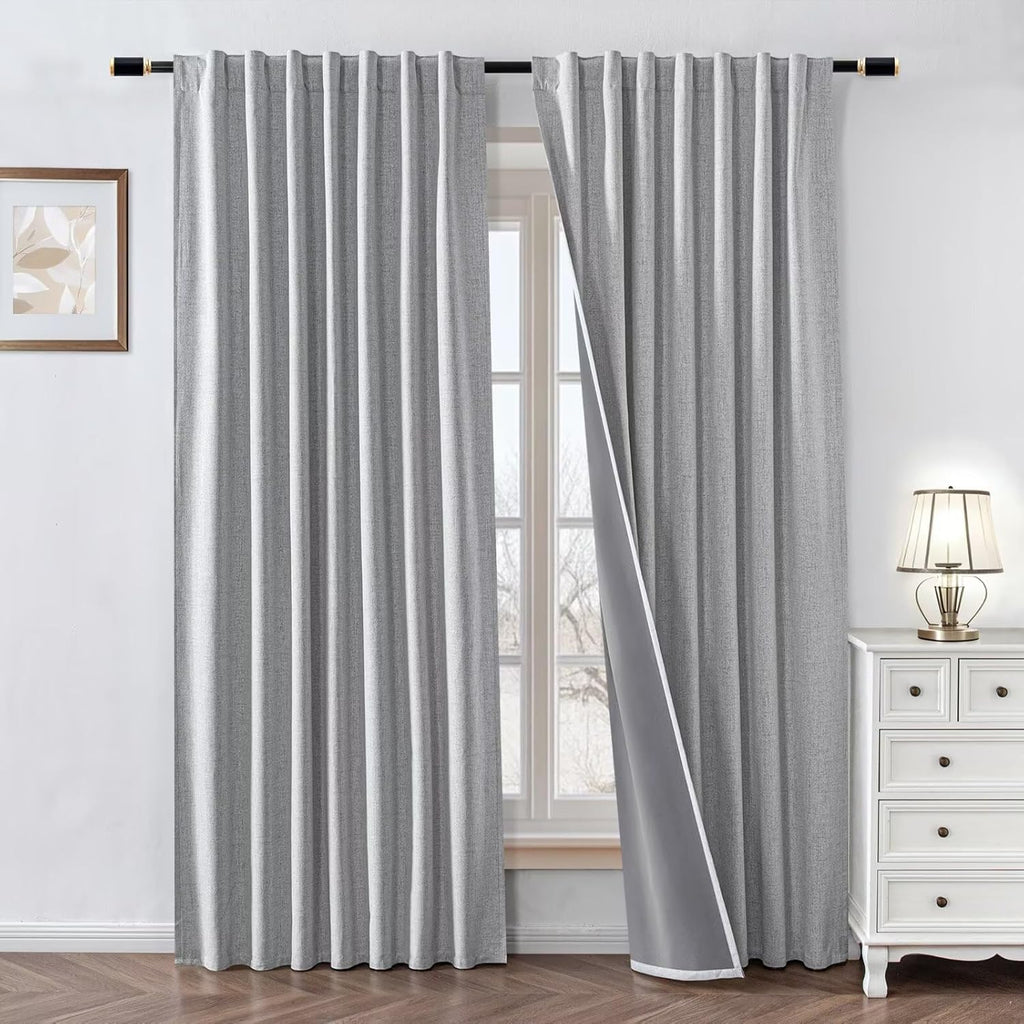 Zyvola 100% Blackout Curtains 84 inch Length 2 Panels Faux Linen Long Drapes for Bedroom Living Room Black Out Room Darkening Curtain Thermal Insulated Back Tab Rod Pocket(W52 x L84, Greyish White)