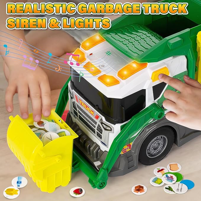 Camión de Basura Juguete Grande con Sonido, Luz y Accesorios – Incluye Contenedores, Tarjetas Educativas y Propulsión por Fricción, Para Niños de 3 a 8 Años