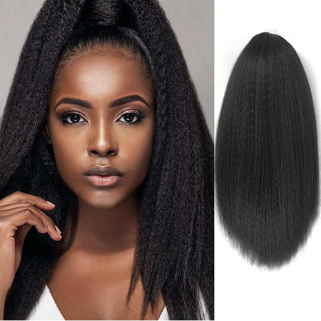 Coleta Sintética UAmy Hair Yaki Straight 20" – Cordón Ajustable y Clip, Gruesa Rizada, Color 1B Negro