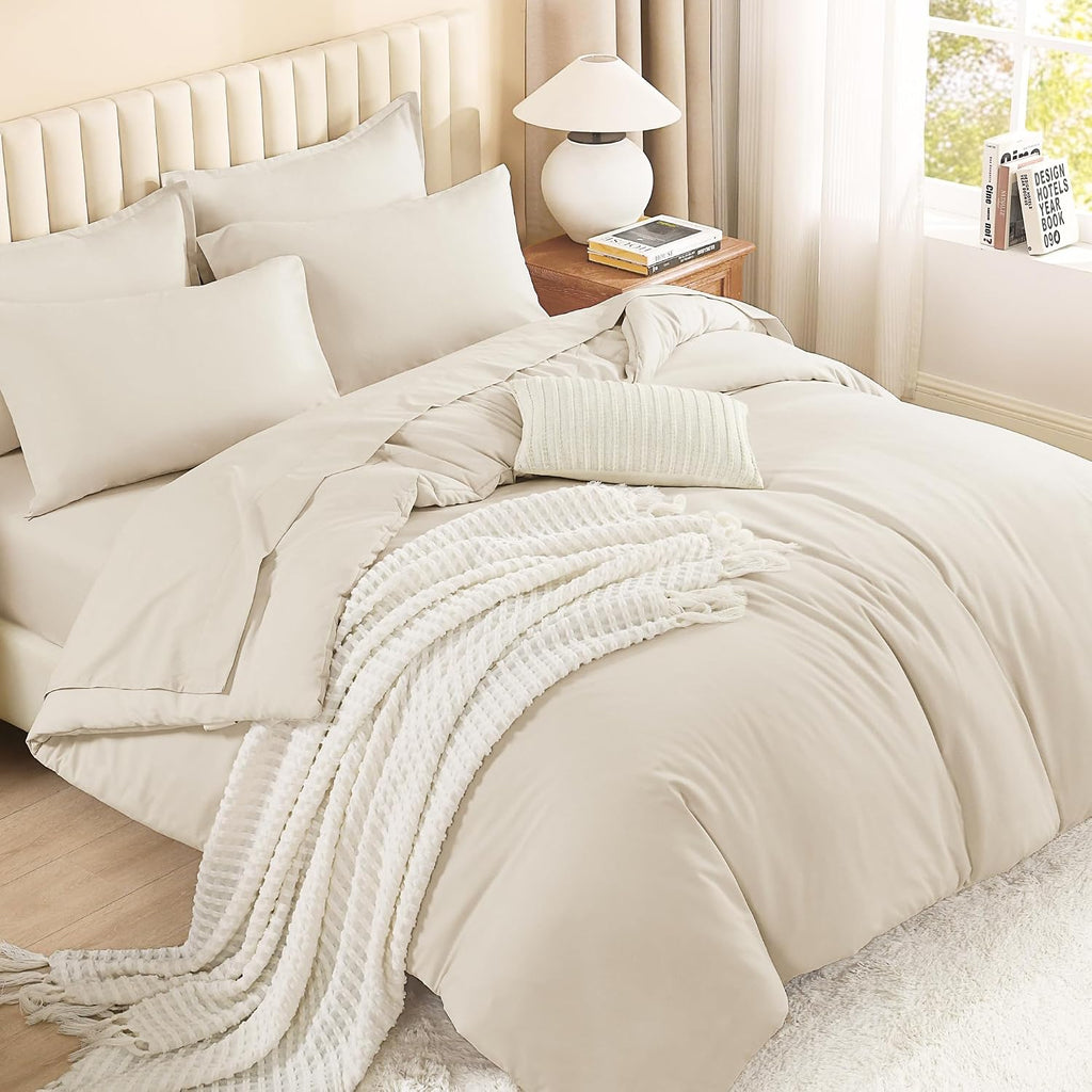 Juego de cama completo Litanika Beige - 7 piezas. Juego de edredón completo, juego de cama mullido y liso con edredón, sábanas, fundas de almohada y fundas decorativas.