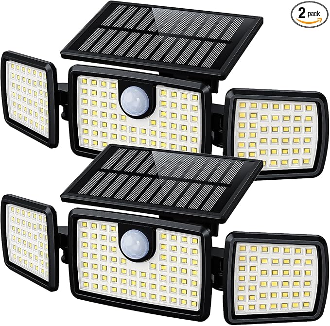 MIHANI — Reflectores Solares Exterior Pack 2 con Sensor de Movimiento 2500LM, 3 Cabezas, Ángulo 270° e IP67