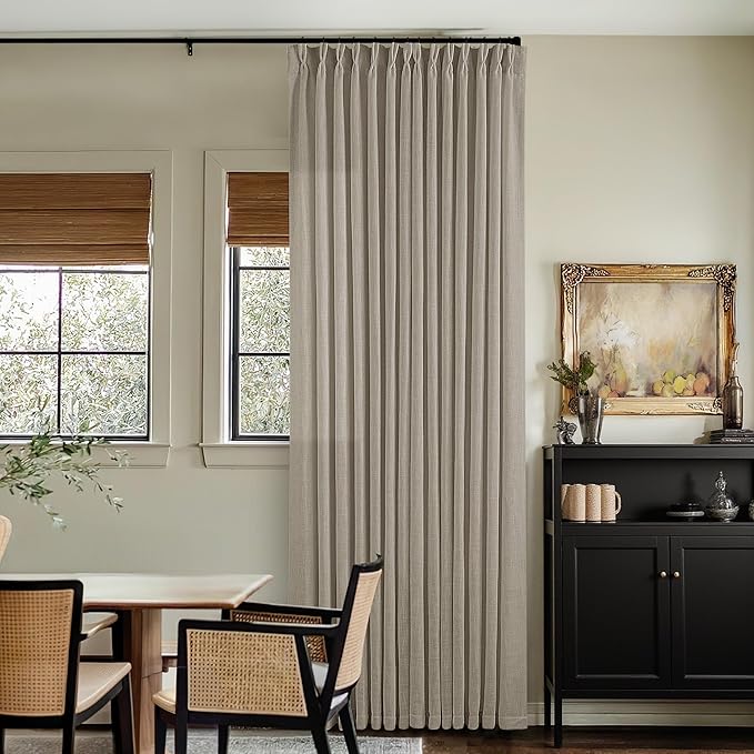 Cortinas de Lino Plisadas 108 Pulgadas | 2 Paneles Beige Grisáceo | Estilo Farmhouse | Sala y DormitorioC