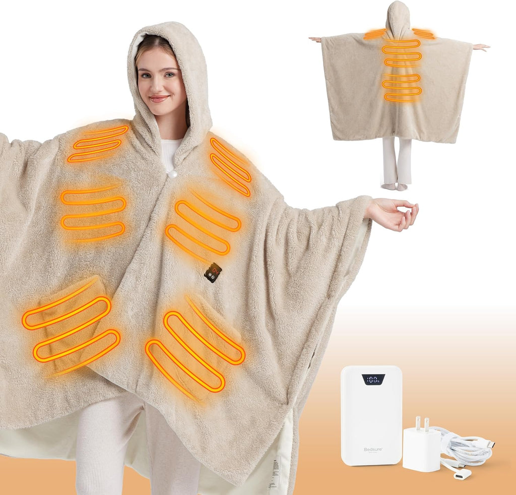 Bedsure Cordless Wearable Heated Blanket - Fluffy Electric Blanket Hoodie with 20000mAh Battery Pack, Portable USB Heated Shawl as Winter Gifts for Women Mom, 4 Heat Levels & 4 Timers, 55"x69", Cream
