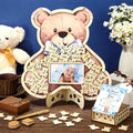 Wenqik Juego de 63 Piezas de Alternativas de Libro de Invitados de Oso para Baby Shower, Decoraciones para Baby Shower con Marco de Fotos, Marco de Sonograma, Recuerdo, 60 Rodajas de Madera.