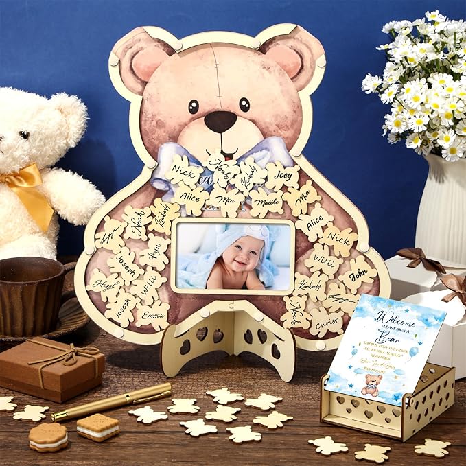 Wenqik Juego de 63 Piezas de Alternativas de Libro de Invitados de Oso para Baby Shower, Decoraciones para Baby Shower con Marco de Fotos, Marco de Sonograma, Recuerdo, 60 Rodajas de Madera.