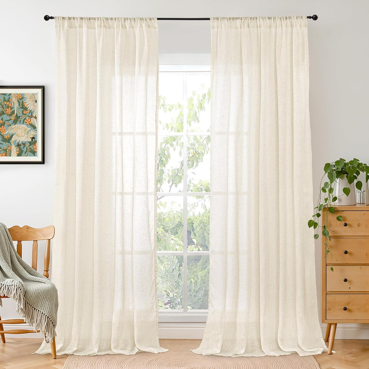 Cortinas de Lino BGment Beige 84 Pulgadas | Semi Transparentes Color Crema con Ojal para Sala y Dormitorio | Ligeras y Filtrantes | 2 Paneles de 52 Pulgadas de Ancho