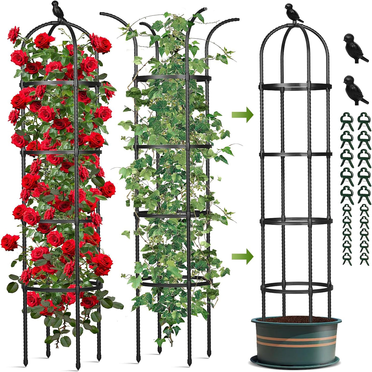Enrejado tipo obelisco para plantas trepadoras de exterior, soporte para plantas de 1,90 m (6,2 pies) para tomate, rosa, flores, uva, guisante, pepino, torre de metal con revestimiento de plástico inoxidable para plantas en maceta - 1 enrejado de jardín