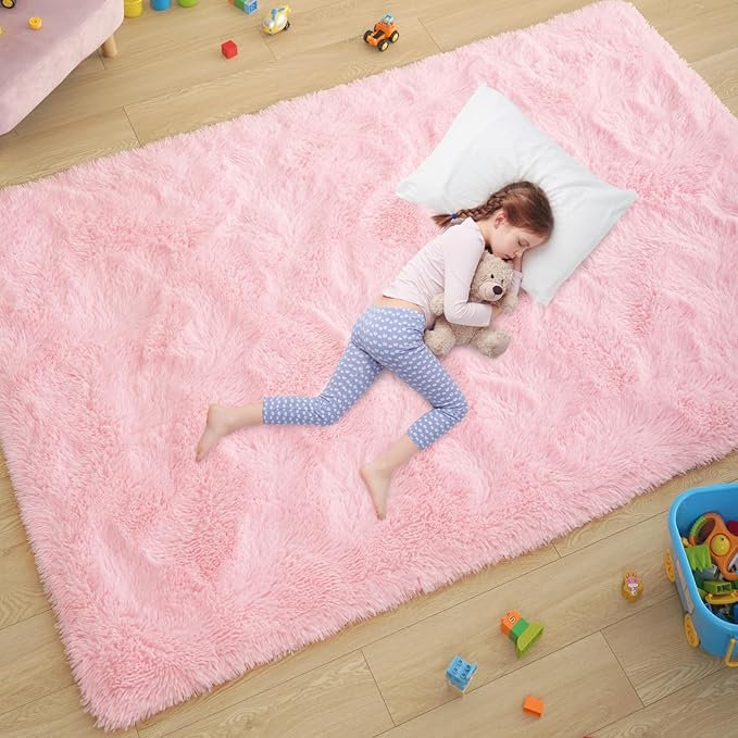 Alfombras rosas ultrasuaves para dormitorio de 4x6 pies, alfombras de área esponjosas y peludas para sala de estar, alfombra grande cómoda y peluda para decoración de habitación de niñas, niños