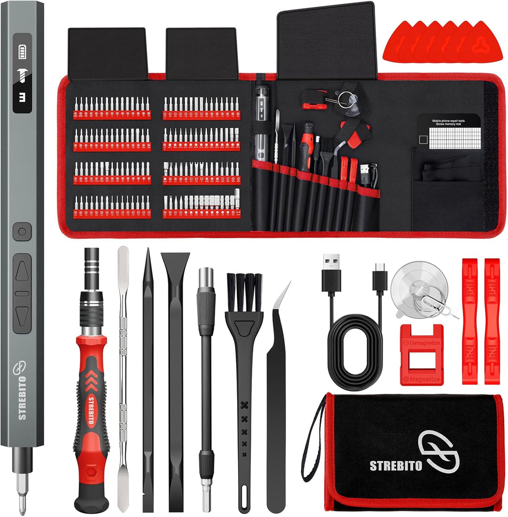 Destornillador Eléctrico STREBITO 144 Piezas | Torque Máx. 0.7 N.m | 120 Puntas Magnéticas | 5 Niveles de Torque | Kit de Reparación de Precisión