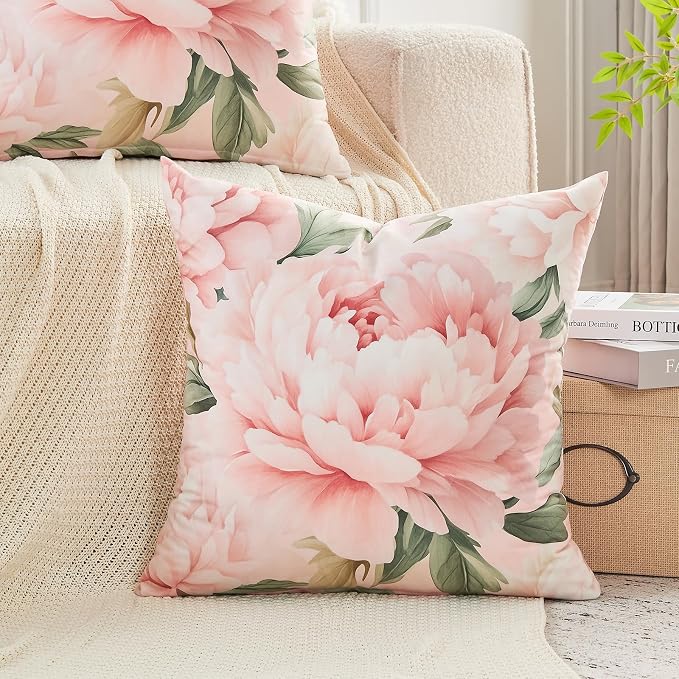 Juego de 2 fundas de almohada florales de peonía rosa de 16 x 16 pulgadas, fundas de cojín decorativas de terciopelo suave, decoración de casa rural elegante para sofá cama