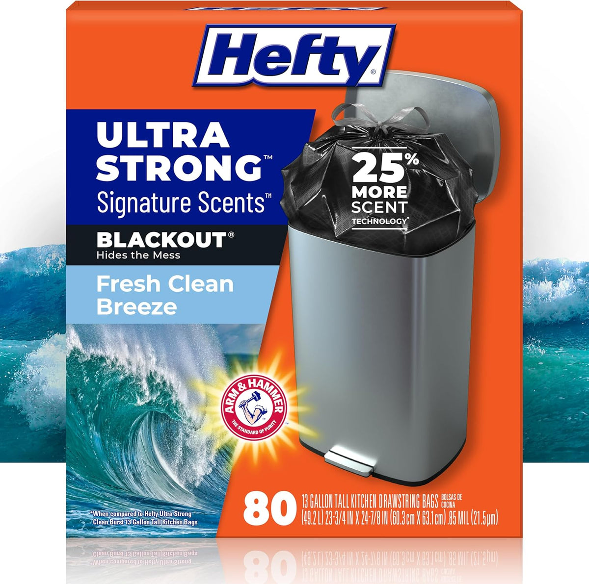 Bolsas de Basura Hefty Ultra Strong 13 Galones – Aroma Fresh Clean, 80 Unidades, Control de Olores