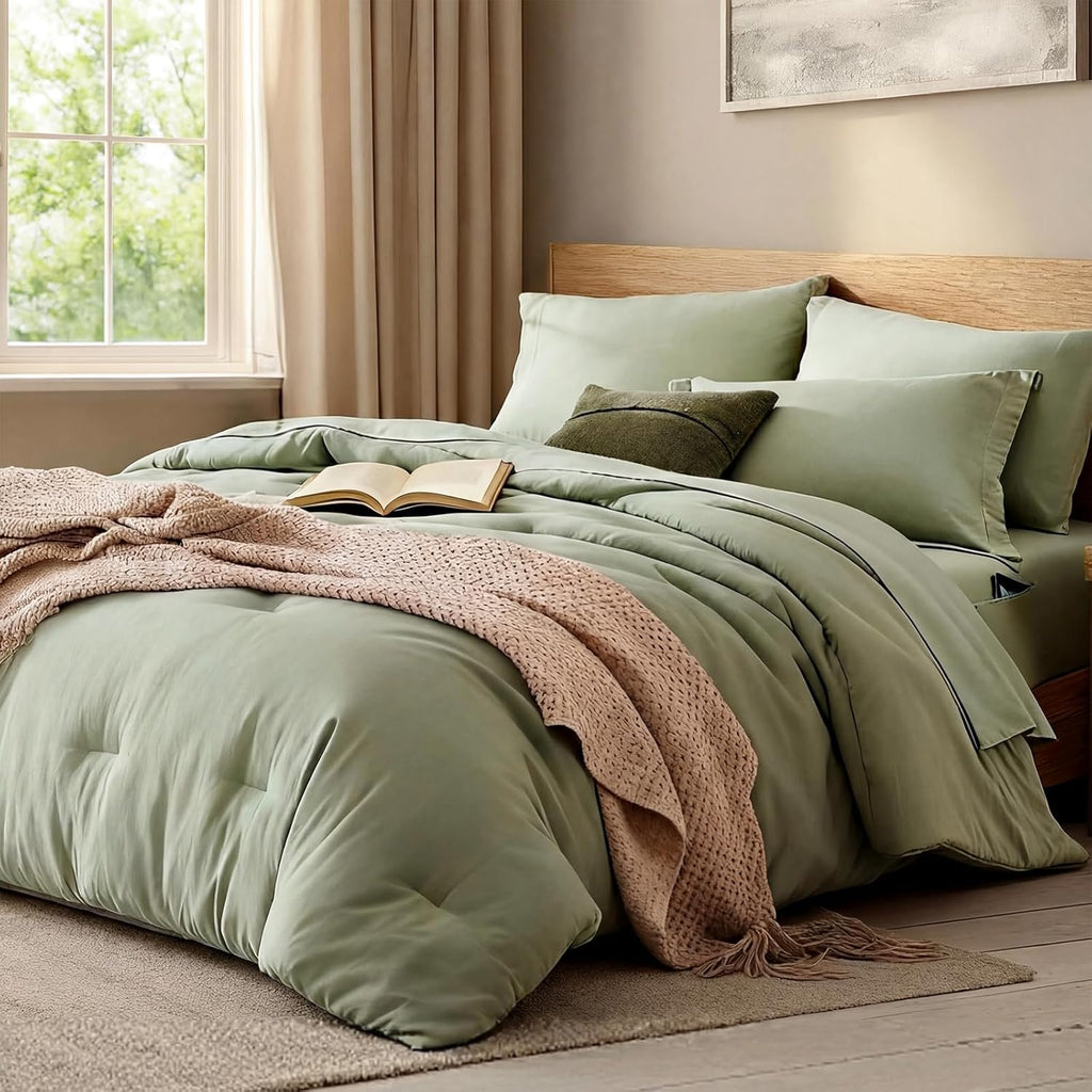 Juego Edredón WRENSONGE Full Size Salvia Verde 7 Piezas, Edredón Sábanas Fundas Almohadas Almohadones, Cama Completa
