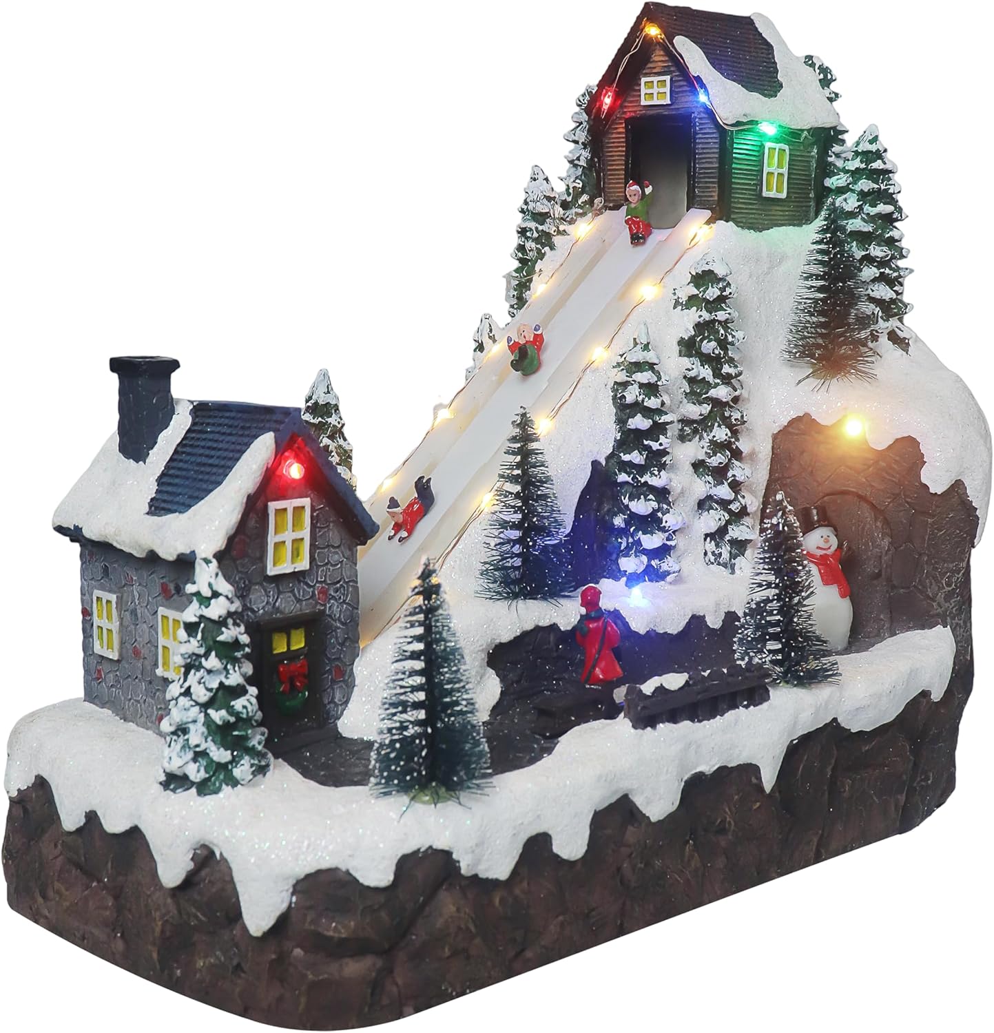Christmas Village Sledding Down Hill - Lighted Musical Snow Village with 8 Animated Kids Going Down The Mountain