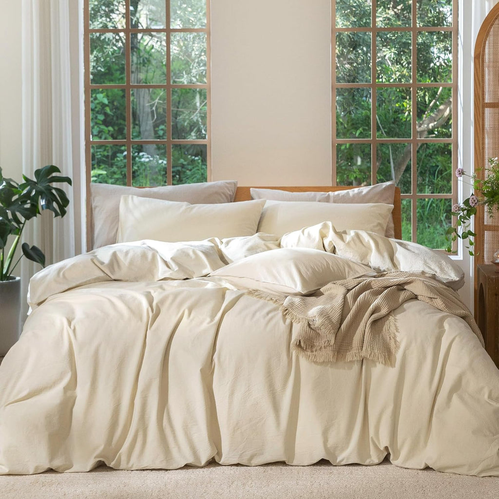 Juego de funda nórdica MooMee Bedding 100% algodón lavado con textura similar al lino, transpirable, duradero, suave y cómodo (Gris leche de almendra jaspeado, Alaska King 132"x120")