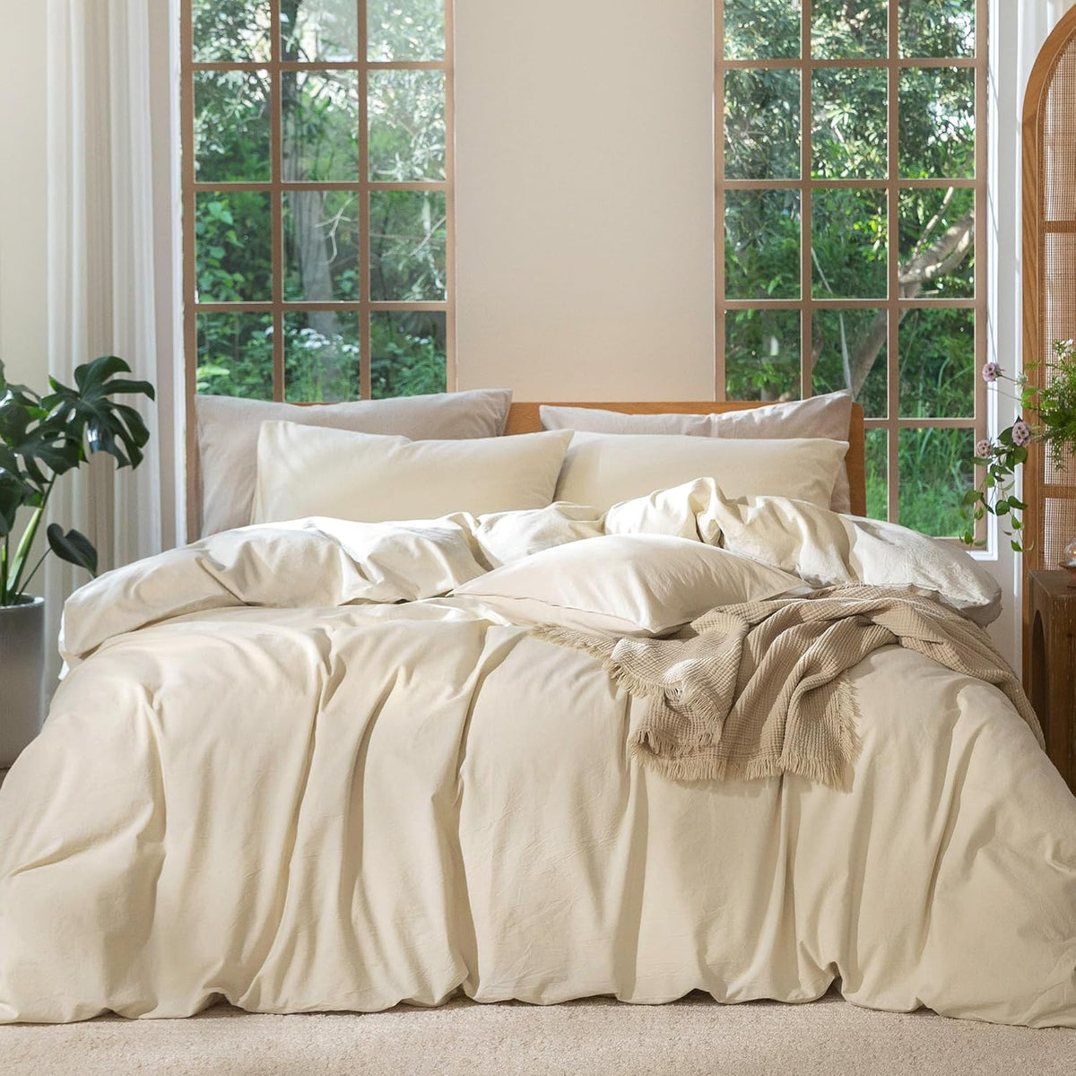 Juego de funda nórdica MooMee Bedding 100% algodón lavado con textura similar al lino, transpirable, duradero, suave y cómodo (Gris leche de almendra jaspeado, Alaska King 132"x120")
