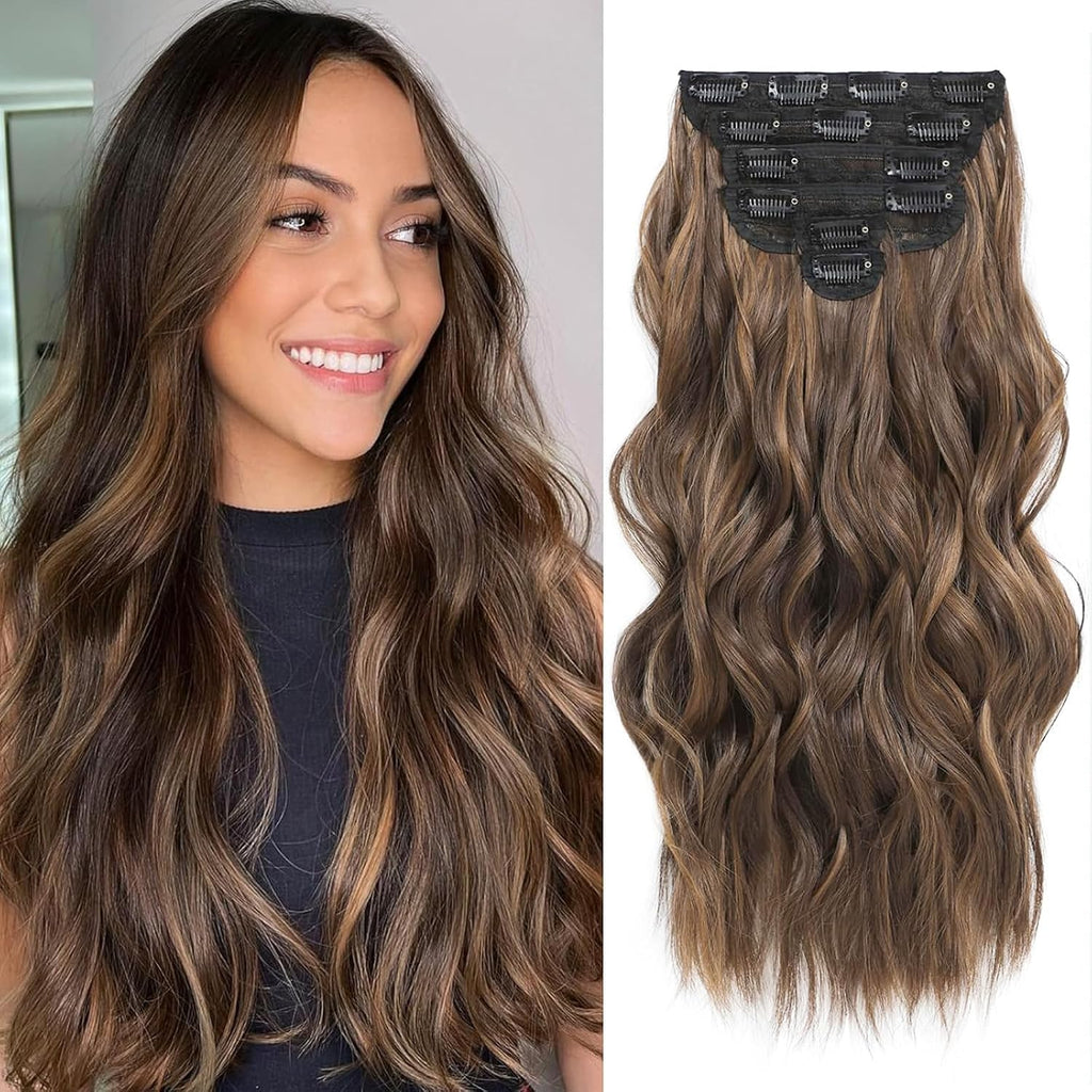 Extensiones de cabello sintético largo ondulado Fliace con clip, 20 pulgadas, color marrón con reflejos caramelo, 6 piezas, cabello grueso de doble trama de fibra para mujer.