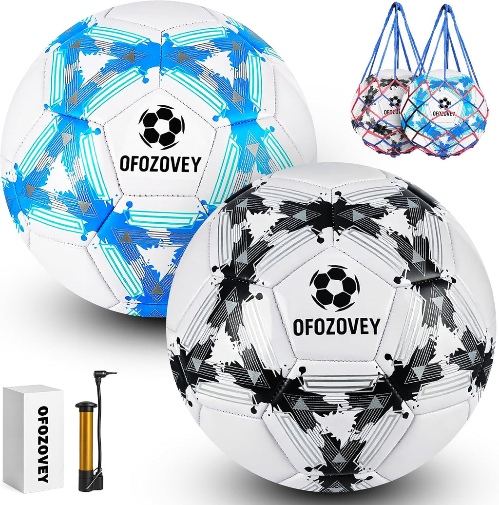 Balón de fútbol OFOZOVEY talla 5, paquete de dos unidades, clásico para interiores y exteriores, incluye 1 bomba, 2 bolsas de red y 2 agujas. Duradero para entrenamientos, partidos, juegos al aire libre e interiores. Regalo ideal para niños, niñas