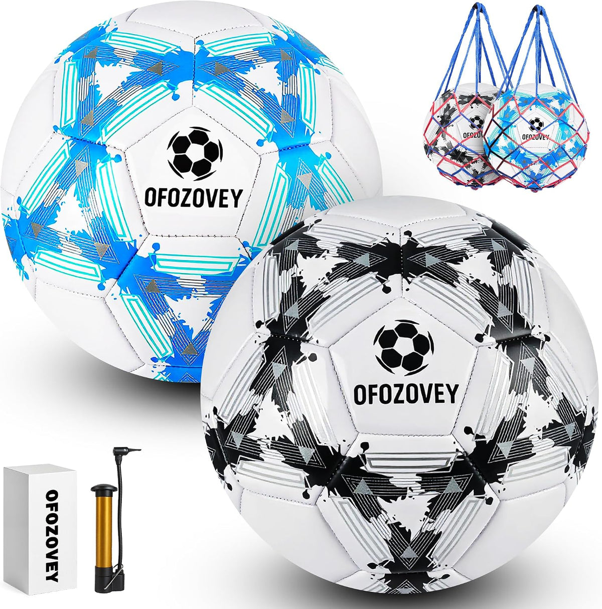Balón de fútbol OFOZOVEY talla 5, paquete de dos unidades, clásico para interiores y exteriores, incluye 1 bomba, 2 bolsas de red y 2 agujas. Duradero para entrenamientos, partidos, juegos al aire libre e interiores. Regalo ideal para niños, niñas