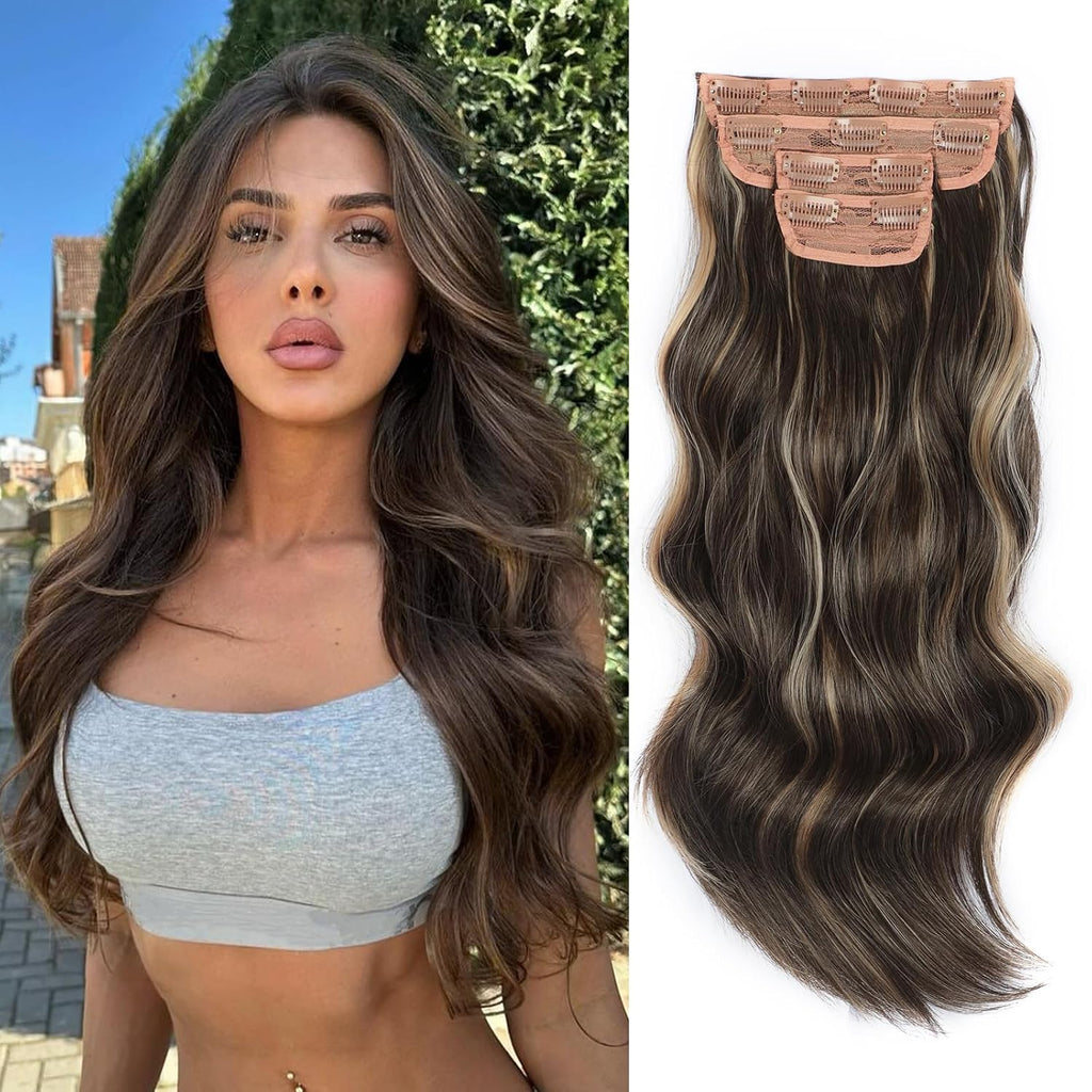 Extensiones de cabello con clip Vigorous de 20 pulgadas, color marrón y rubio, 4 piezas, cabello sintético largo y ondulado, suave, para mujeres y niñas, uso diario, eventos y fiestas.