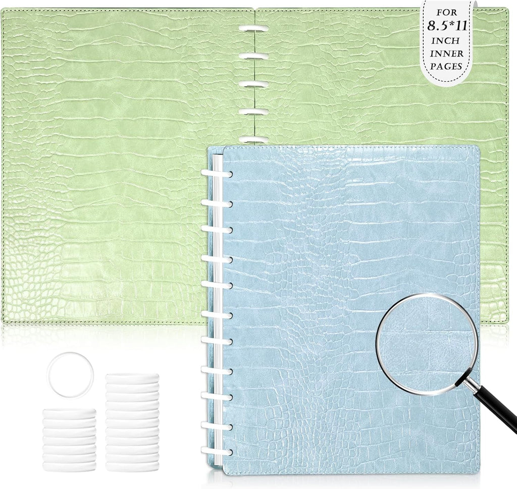 Pu Leather 8.5x11 in Discbound Notebook Cover and Disc Set Discbound Planner Cover with 11 Pc Expansion Discs Letter Size Discbound Refill Paper Disc Bound (Pink&Purple&Blue&Green&Apricot, 9x11.5)