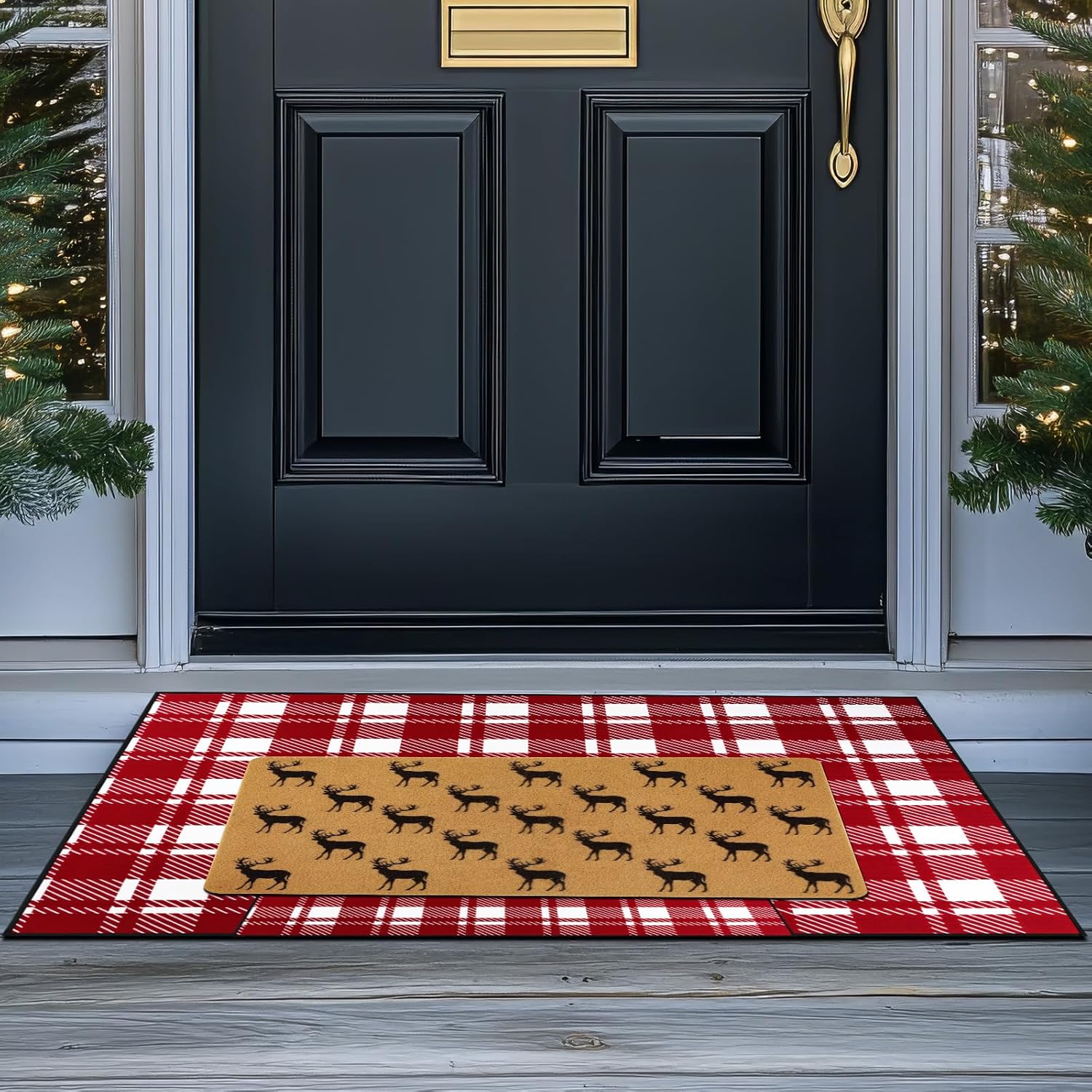 Maasechs 2 Pcs Christmas Doormat Combo Set Outdoor, 28"x43" Velvet Red White Plaid Rug and 18"x30" Faux Coir Reindeer Mat, Xmas Welcome Layered Mats for Front Porch Entryway Outdoor Decor