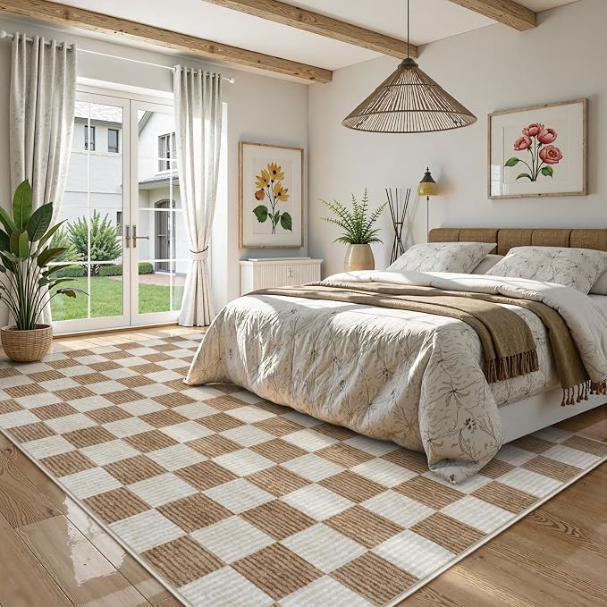 Tapete de Área LIVEBOX 2.4 x 3 Metros – Antideslizante Lavable, Patrón Geométrico Farmhouse, Color Café