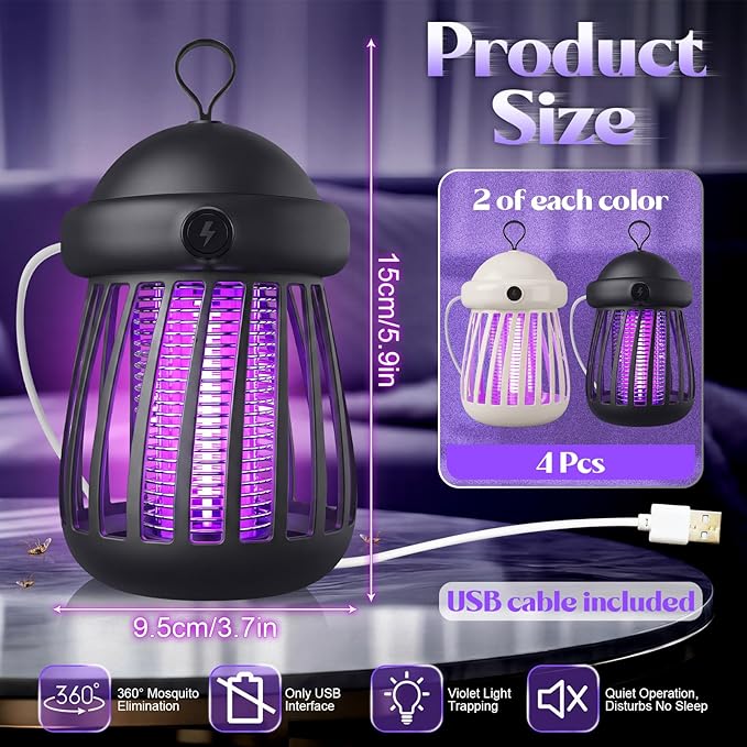 Mysora 4 Pack Lámpara Matamosquitos USB – Trampa UV 3000V Silenciosa para Mosquitos, Polillas y Moscas (Blanco y Gris)
