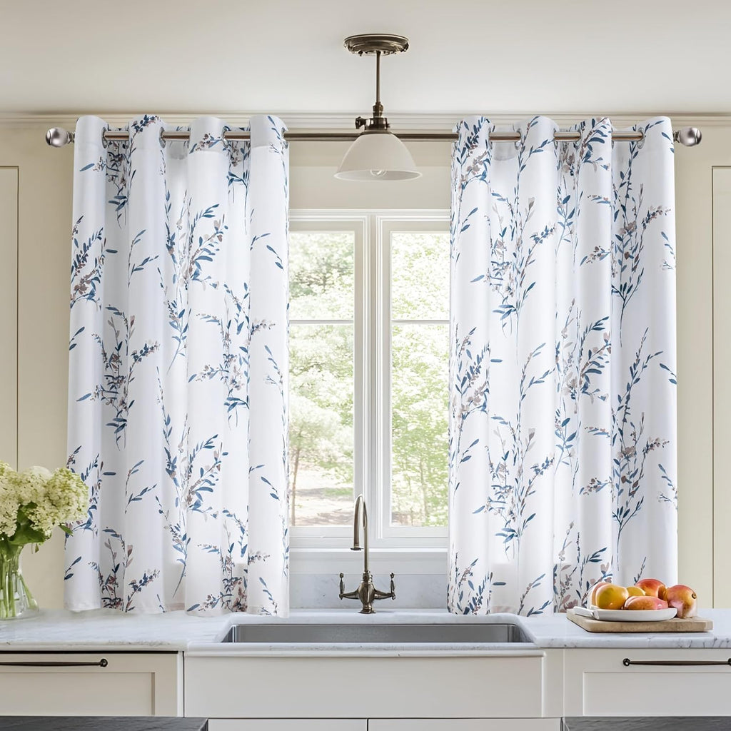 Cortinas térmicas aislantes de MYSKY HOME de 137 cm (54 pulgadas) con filtro de luz para cocina y dormitorio - Cortinas suaves con estampado floral y hojas, con ojales, juego de 2 paneles, azul marino