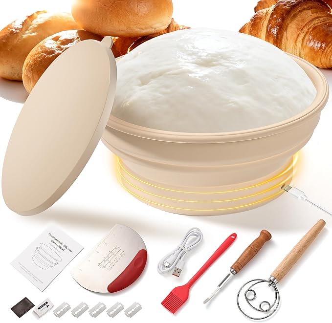 Juego de cestas de masa madre para calentar pan, cuenco termostático eléctrico de silicona, cuenco plegable redondo de 9 pulgadas, suministros para hornear pan de masa madre