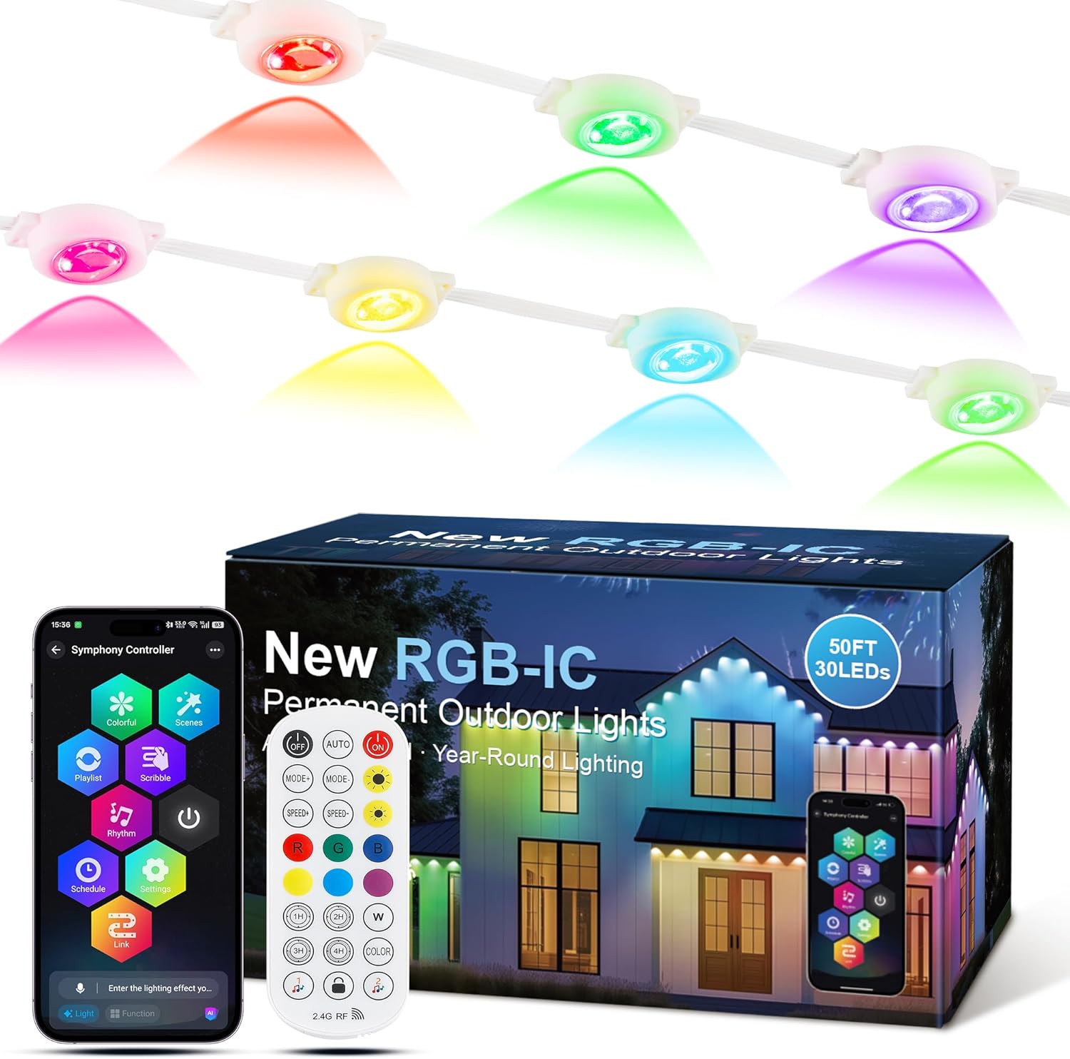 Briteglotec Permanent Outdoor Lights for House, 30 LED 50ft RGBIC Eaves Lighting, Year-Round Smart Lights for Patio Decor & Outdoor Parties, Game Day, Easter, Holiday Decor