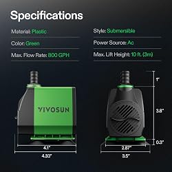 Bomba Sumergible VIVOSUN 800 GPH (3000 L/H) – 24W, Ultra Silenciosa, Elevación 3m, 3 Boquillas para Acuario y Estanque