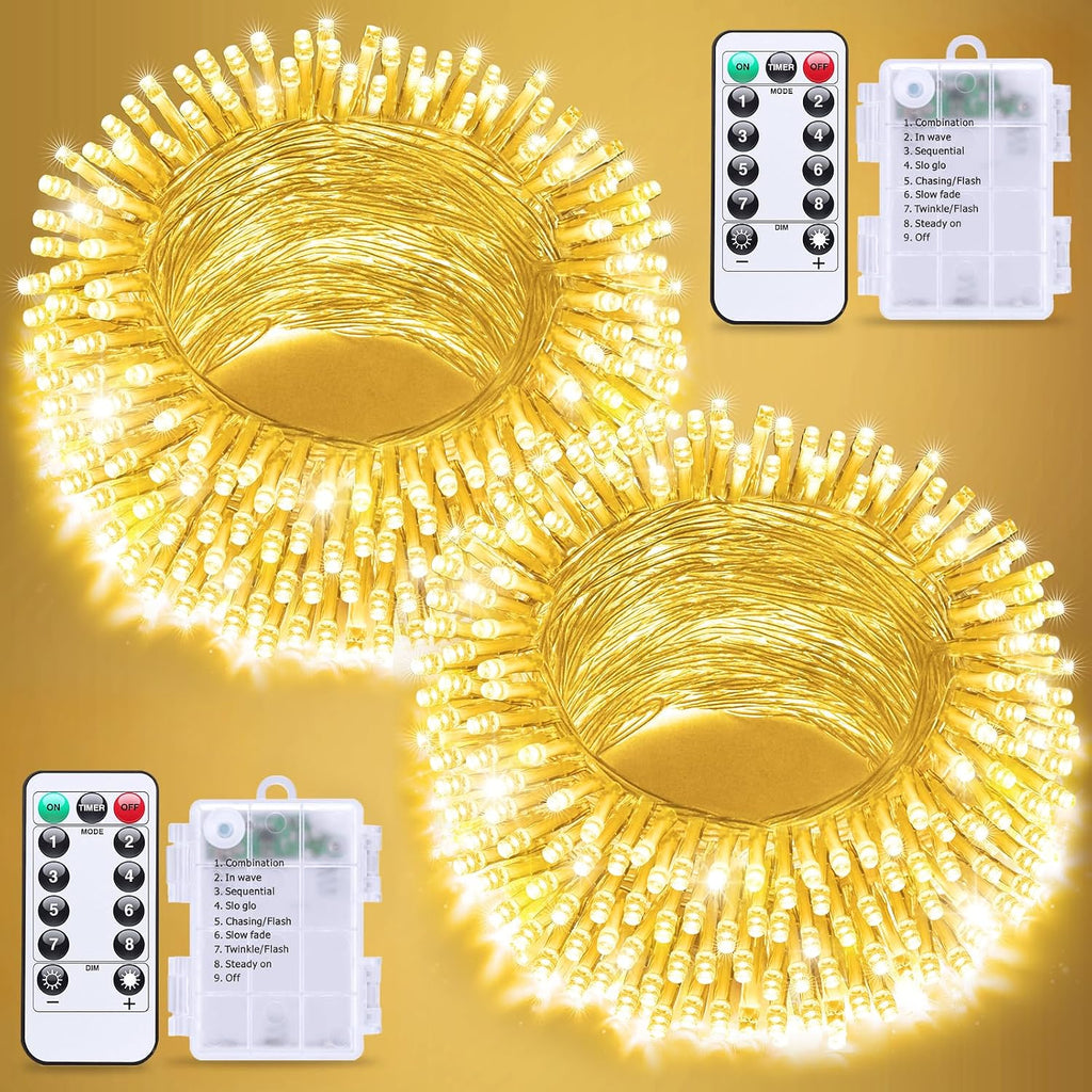 JMEXSUSS Paquete de 2 guirnaldas de luces para exteriores, funcionan con pilas, 200 LED en total, 20 metros, con control remoto, luces navideñas blancas cálidas para dormitorio, aula, residencia estudiantil, interior, patio, casa, árbol, porche, fiesta